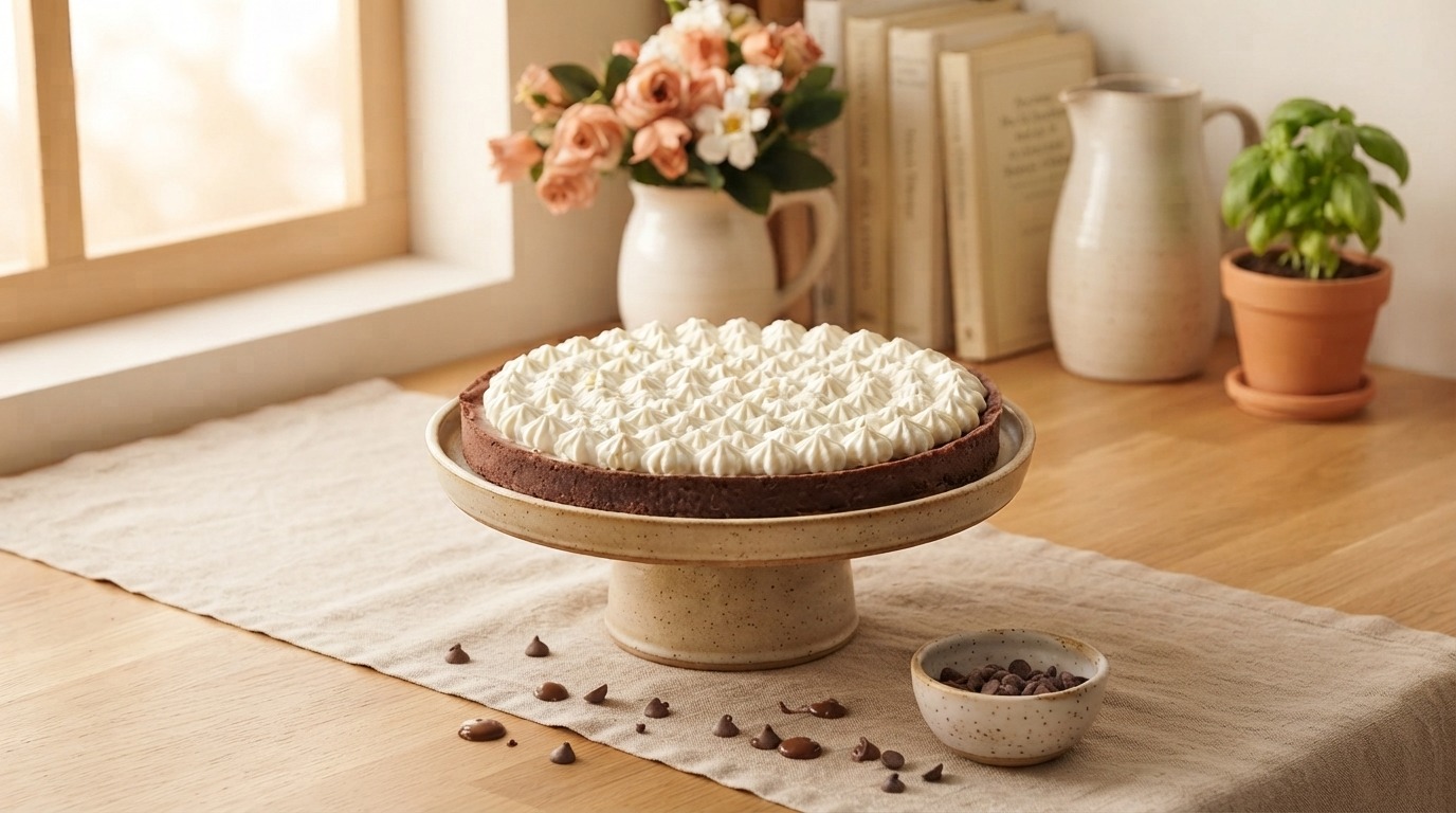 Crostata di pasta frolla al cacao, ganache al cioccolato e mousse al mascarpone e pannA