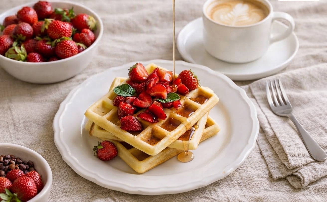 Waffle con fragole e sciroppo d’acero