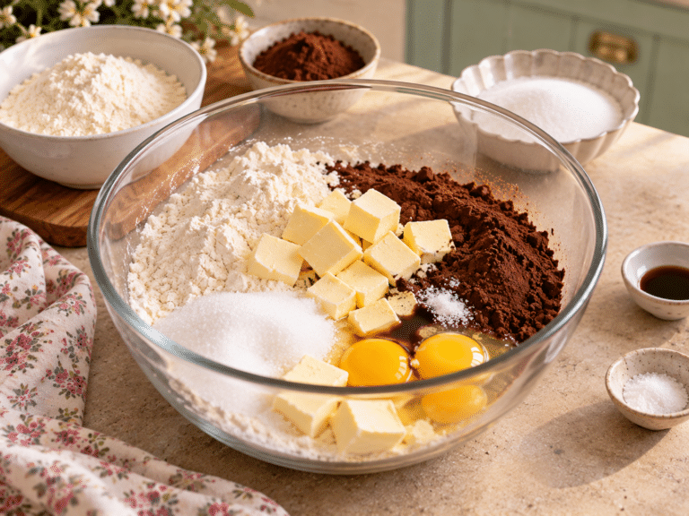 Ingredienti per dolci al cacao in cucina rustica