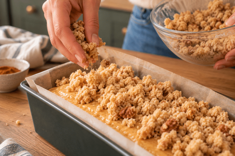 Mani che aggiungono crumble alla torta speziata