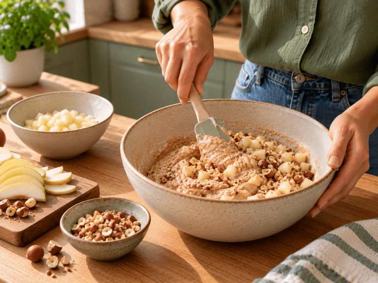 Preparazione di torta con pere e nocciole
