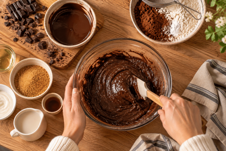 Preparazione di una torta al cioccolato rustica