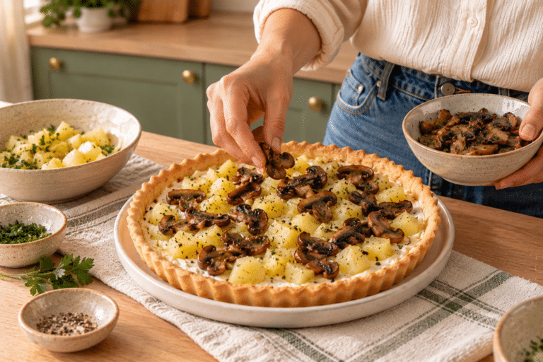 Preparazione rustica di una torta salata ai funghi